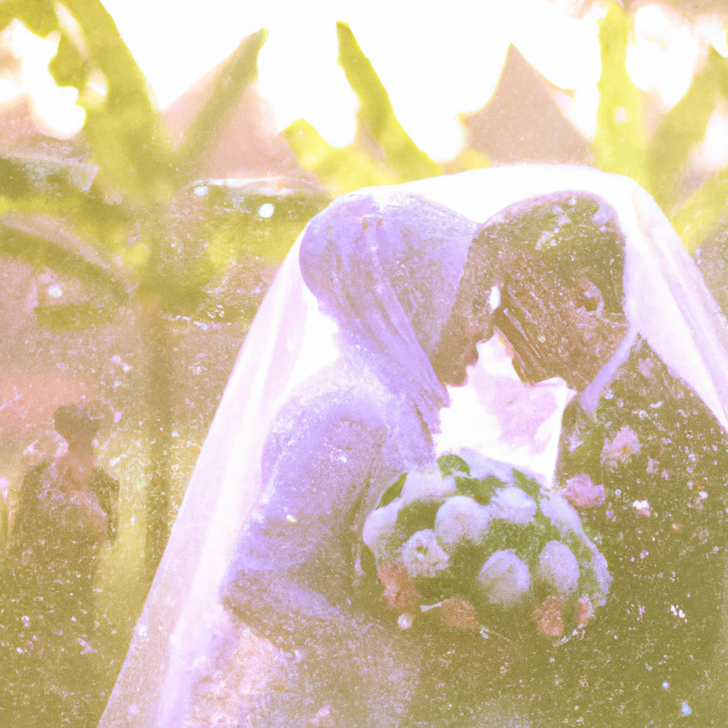 Pareja de matrimonio en capilla minimalista con flores blancas y luz natural beso — imagen generada